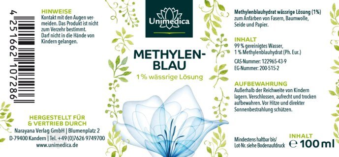 2er-Sparset: Methylenblau - 1 % wässrige Lösung - 99,8 % rein - frei von Schwermetallen - 2 x 100 ml - von Unimedica - Lieferbar ab 07.03.2025