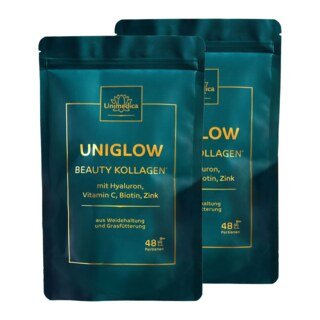 2er-Sparset: Uniglow Beauty Kollagen - Komplex mit Kollagen aus Grasfütterung + Vitamin C, Biotin und Zink - 2 x 500 g Pulver - von Unimedica/