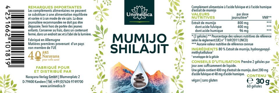 Lot de 2: Mumijo Shilajit - 800 mg - "acide humique" et acide fulvique de l'Himalaya - 2 x 60 gélules - par Unimedica