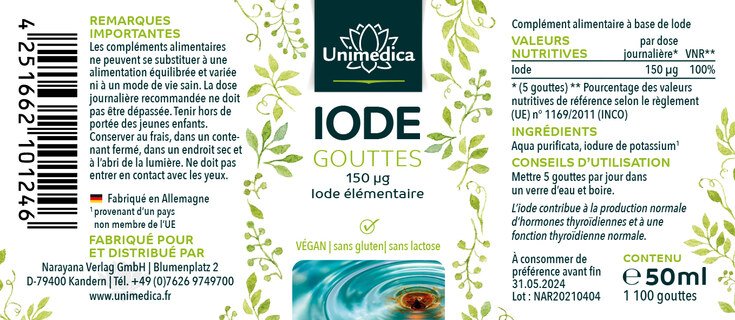 Lot de 2: Gouttes d'iode - 150 µg par dose journalière - hautement dosées - véganes - 2 x 50 ml - par Unimedica