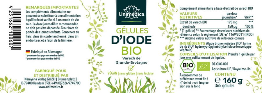 Gélules d'iode BIO - 150 µg d'iode naturel issu d'algues brunes (varech) - 365 gélules - par Unimedica -  Offre spéciale courte durée de conservation
