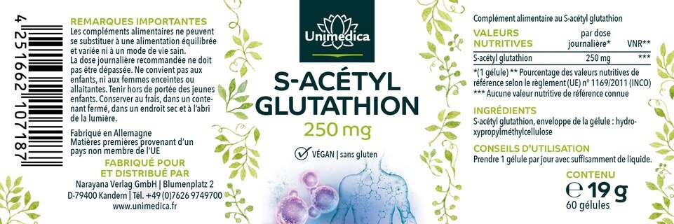 Lot de 2: S-acétyl glutathion - 250 mg  hautement dosé - 2 x 60 gélules - par Unimedica