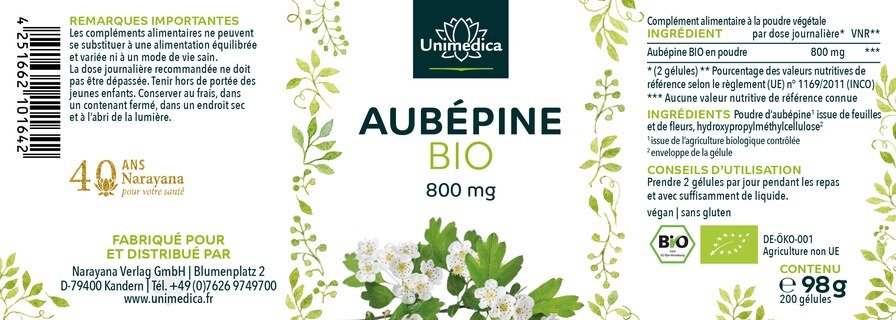 Lot de 2: Aubépine BIO - 800 mg - 2 x 200 gélules - par Unimedica