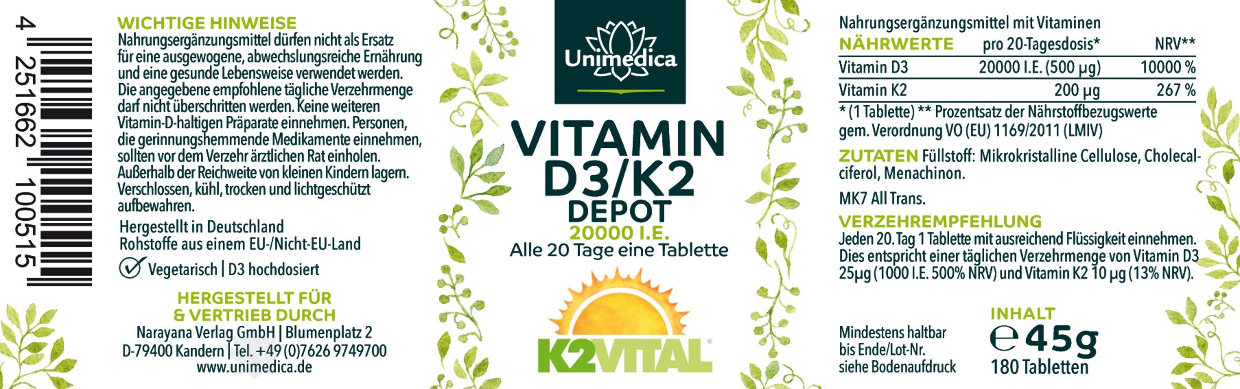 K2 Depot 180 Tabletten Premium: 99,7+% All Trans MK7 Vitamin D3 