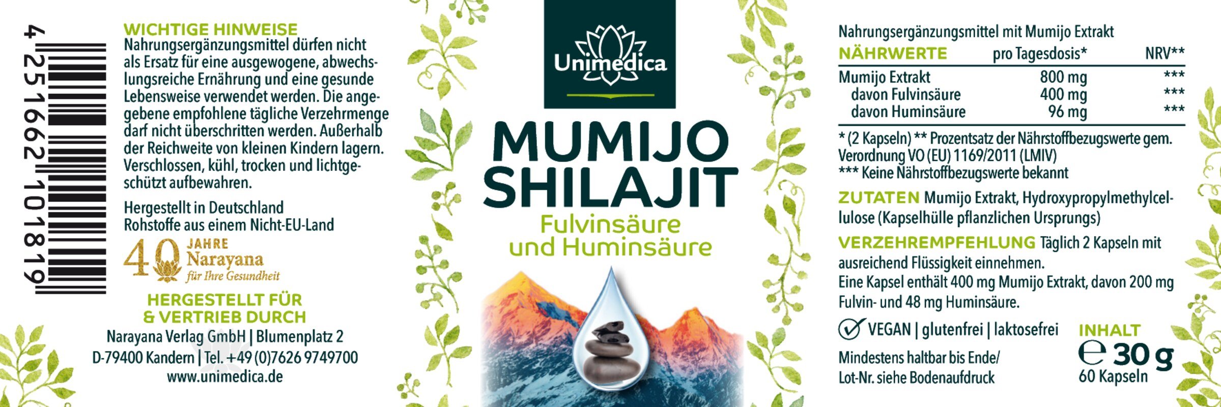 Mumijo Shilajit - 800 mg pro Tagesdosis (2 Kapseln) - Huminsäure und  Fulvinsäure aus dem Himalaya - 60 Kapseln - von Unimedica, ,  Nahrungsergänzungsmittel mit Mumijo Extrakt - Narayana Verlag