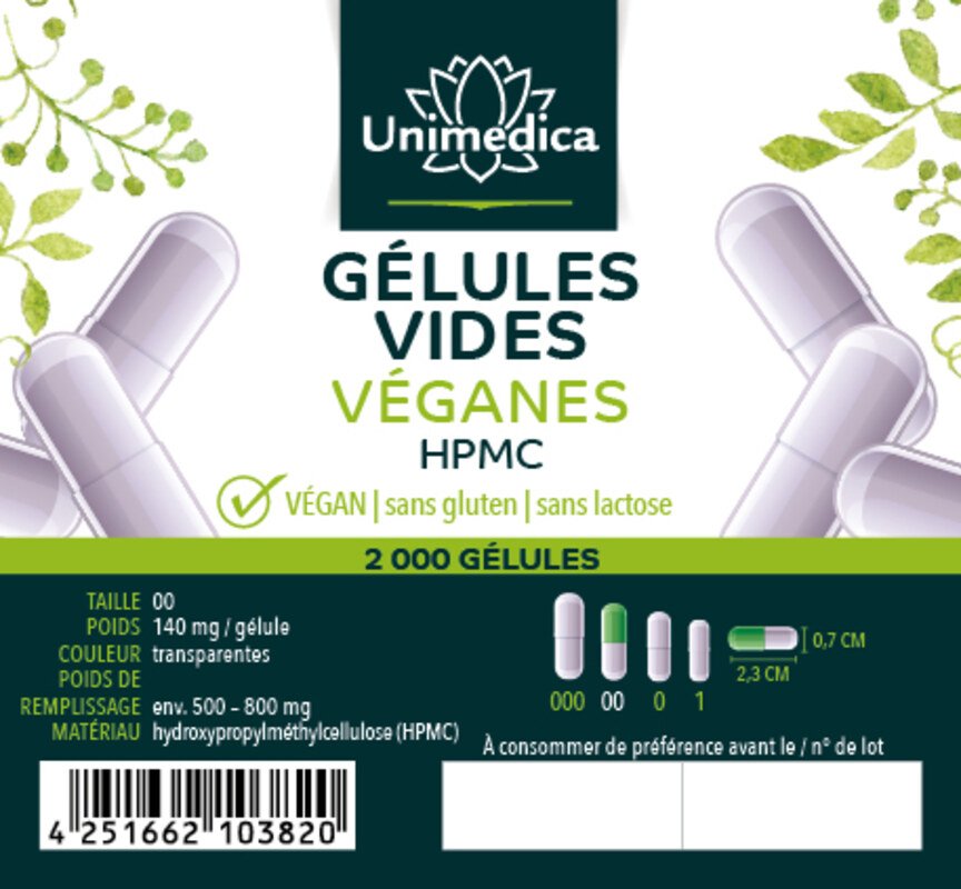 Gélules vides - HPMC - taille 00 - transparentes - véganes 2 000