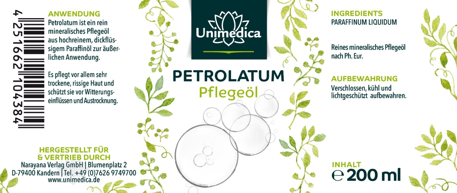 Pétrolatum huile de paraffine - 200 ml - par Unimedica, , Paraffine liquide  pour le soin et la protection de la peau - Editions Narayana