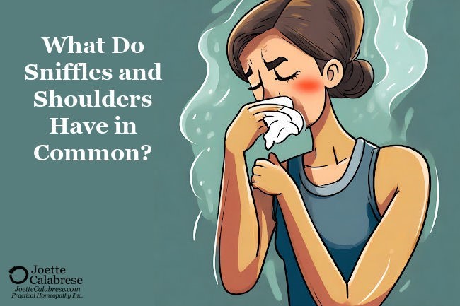 Zeichnung einer Person mit Taschentuch beim Schnäuzen, Aufschrift "What Do Sniffles and Shoulders Have in Common?"