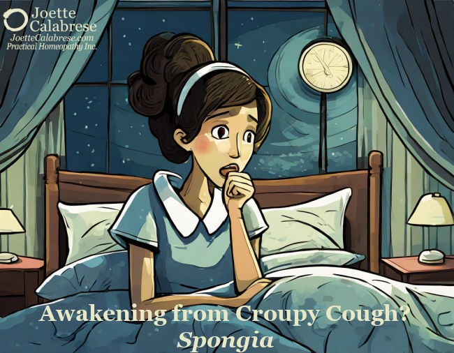 Zeichnung einer Person, die nachts hustet, Bildaufschrift "Awakening from Croupy Cough? Spongia"